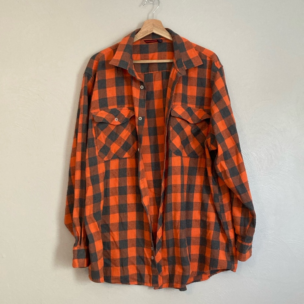 Orange and Grey Plaid Flannel Shirt